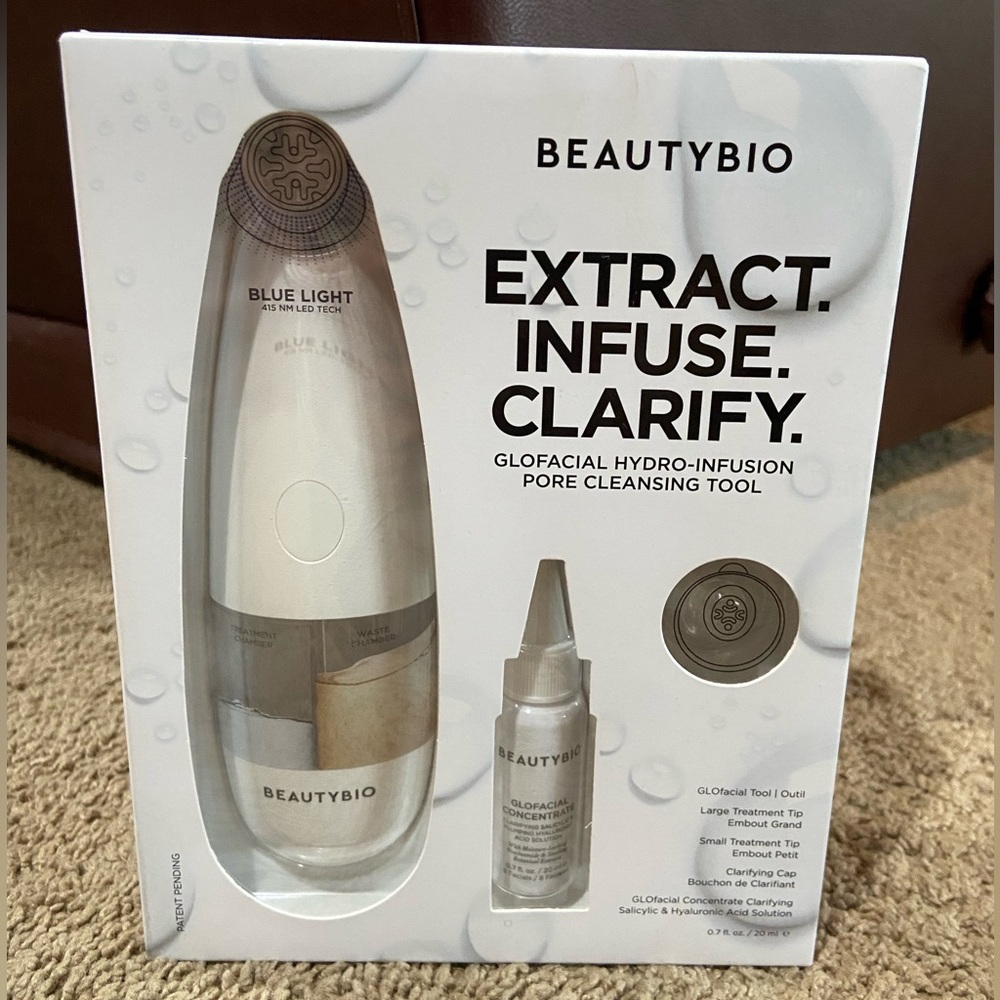 BeautyBio GLOfacial Hydro-Infusion Deep Pore Cleanse Tool Solution Blue LED NIB
